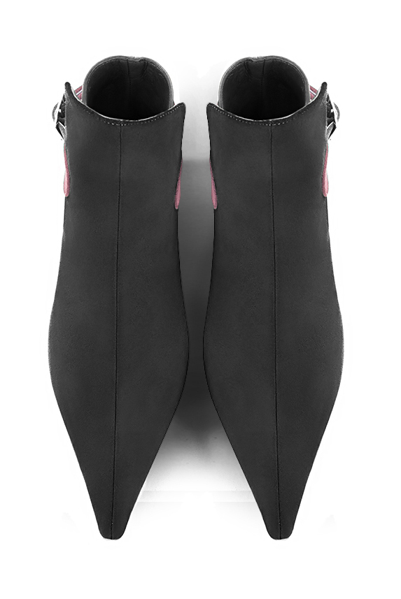 Dark grey and carnation pink women's ankle boots with buckles at the back. Pointed toe. Low flare heels. Top view - Florence KOOIJMAN